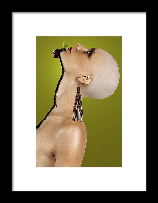 Colorful Chartreuse Surreal Portrait of a Bald Woman with a Snail Crawling up her Neck.