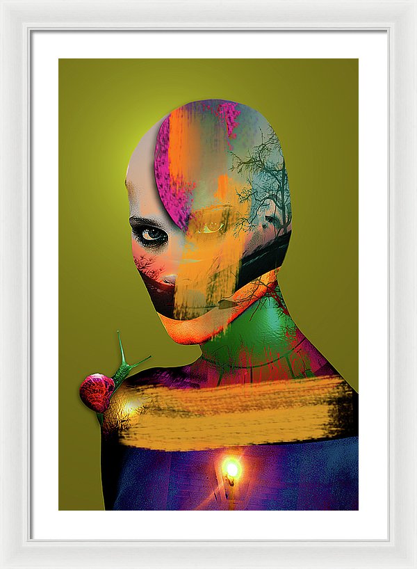 Bold Color Portrait of a Bald Woman Covered in Paint with a Snail on her Shoulder.