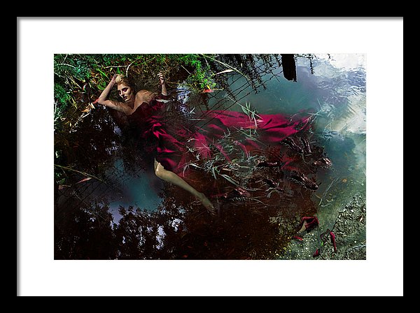 Woman in a Crimson Red Ballgown Swimming With Alligators.  