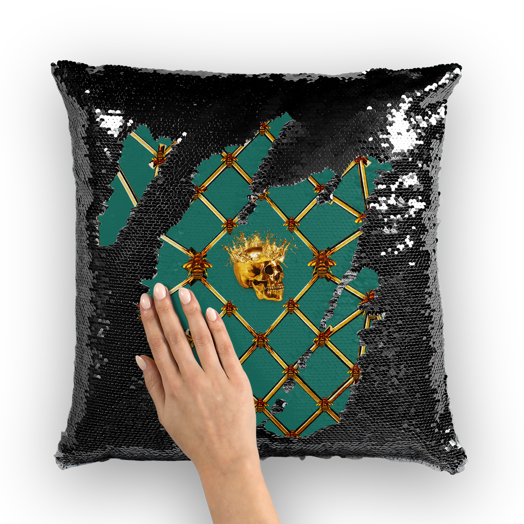 Golden Skull & Magenta Star- French Gothic Sequin Pillowcase or Throw Pillow in Jade | Le Leanian™
