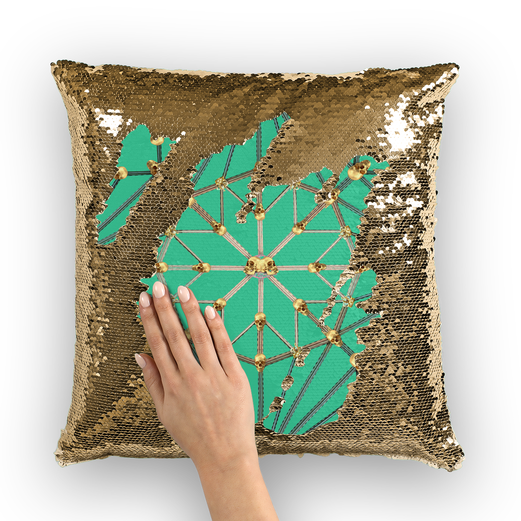 Cathedral Skull Pattern- Gold Sequin Pillow Case- Throw Pillow in Color Bold Jade Teal, Teal, Aqua, Green