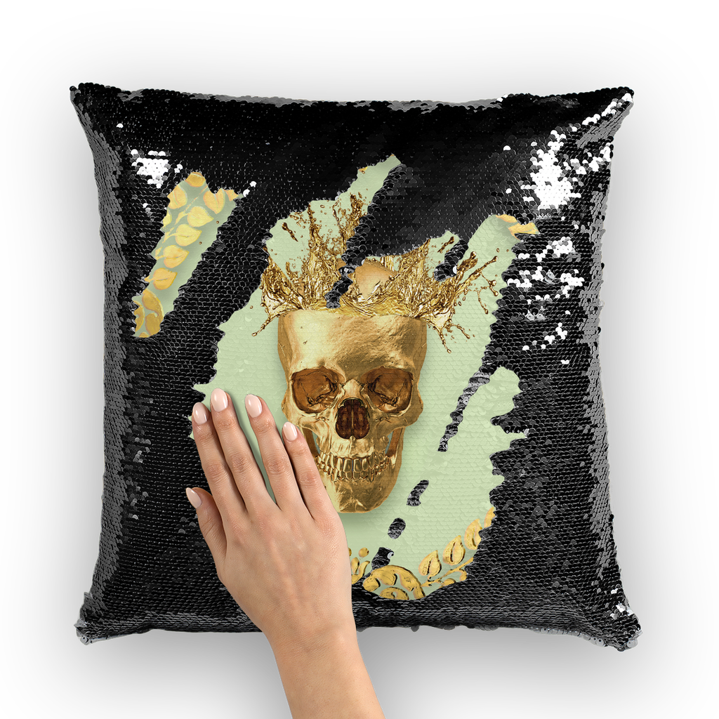 Caesar Gilded Skull- French Gothic Sequin Pillowcase or Throw Pillow in Pale Green | Le Leanian™