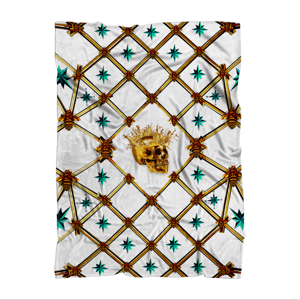 Gold Skull & Honey Bee-Teal Stars-Classic Fleece Blanket- White