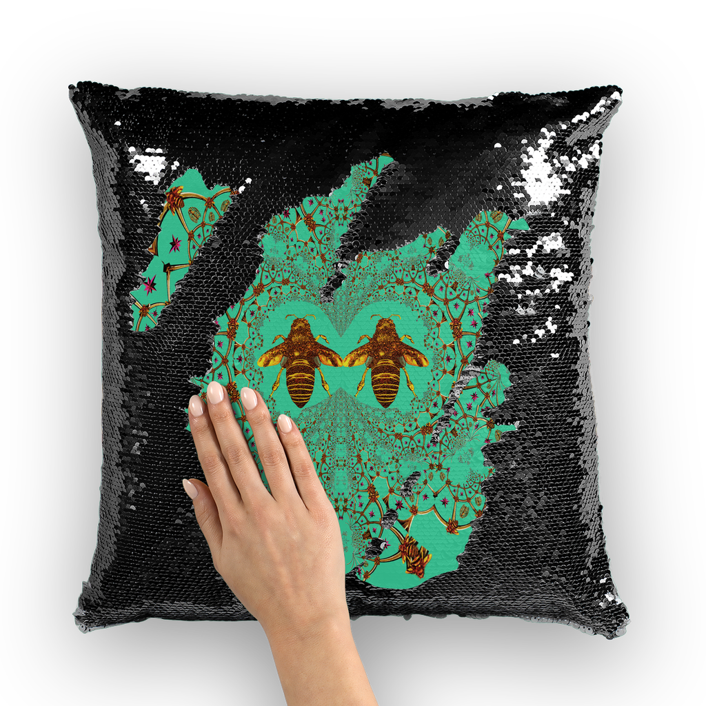 Baroque Honey Bee Extinction- French Gothic Sequin Pillowcase or Throw Pillow in Bold Jade Teal | Le Leanian™