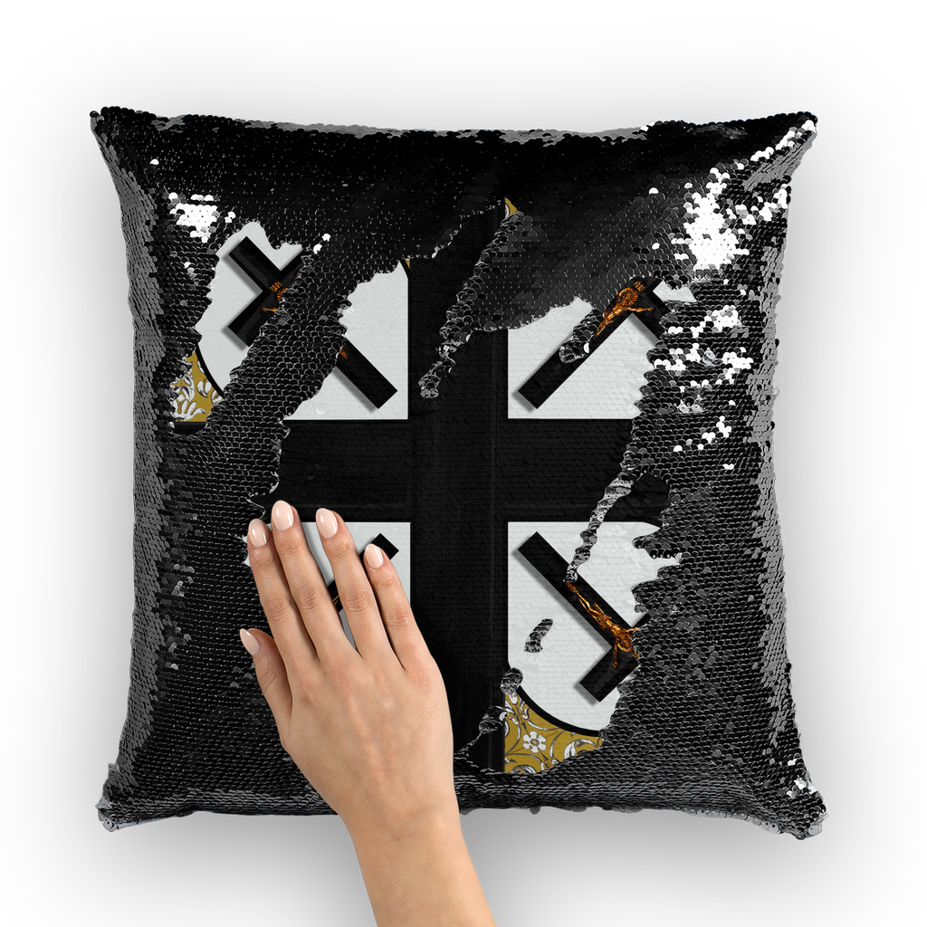 Crossroads Crucifix- French Gothic Sequin Pillowcase or Throw Pillow in Lightest Gray ﻿| Le Leanian™