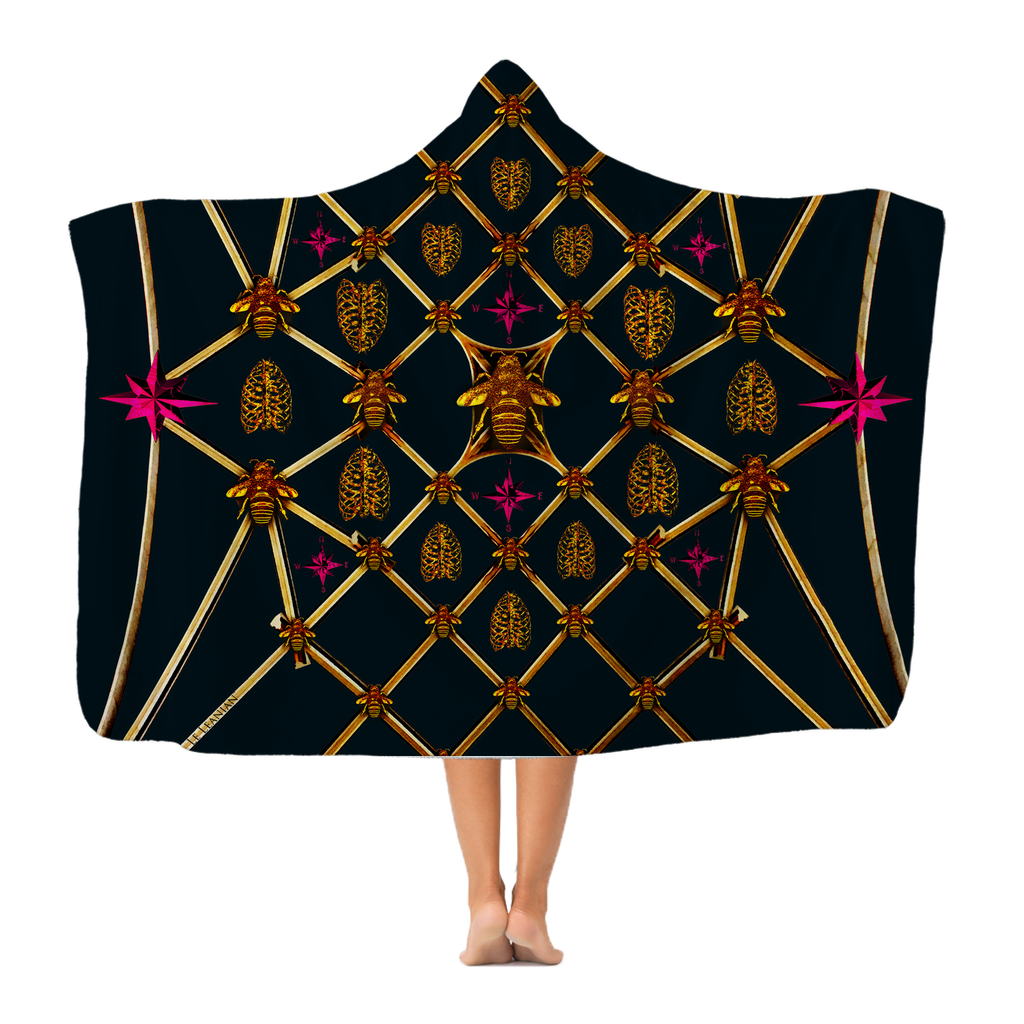 Gilded Bees & Ribs Magenta Stars- Adult & Youth Hooded Fleece Blanket in Midnight Teal | Le Leanian™