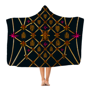 Gilded Bees & Ribs Magenta Stars- Adult & Youth Hooded Fleece Blanket in Midnight Teal | Le Leanian™
