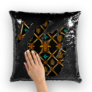 Bee Divergence Gilded Bees & Ribs Teal Stars- French Gothic Sequin Pillowcase or Throw Pillow in Back to Black | Le Leanian™