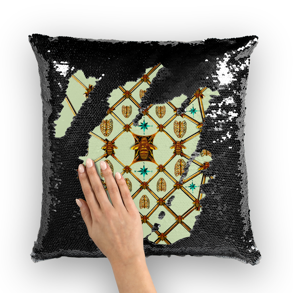 Bee Divergence Gilded Ribs & Teal Stars- French Gothic Sequin Pillowcase or Throw Pillow in Pale Green | Le Leanian™  ﻿