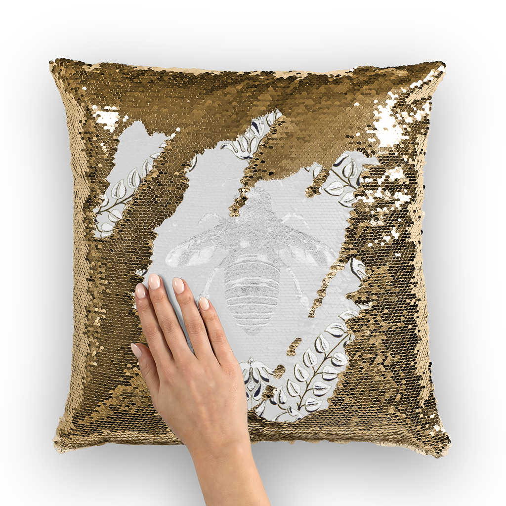Queen Bee Gold Sequin Pillowcase-French Country Chic- Goth Chic- Pillow Case or Throw Pillow in Color Light Gray, Gray and White