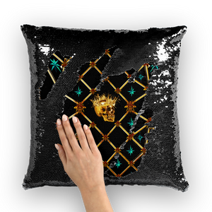 Golden Skull & Teal Stars- French Gothic Sequin Pillowcase or Throw Pillow in Back to Black | Le Leanian™