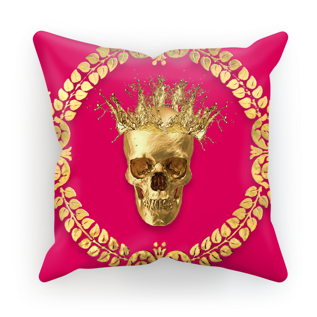 Caesar Gilded Skull- French Gothic Satin & Suede Pillowcase in Bold Fuchsia | Le Leanian™