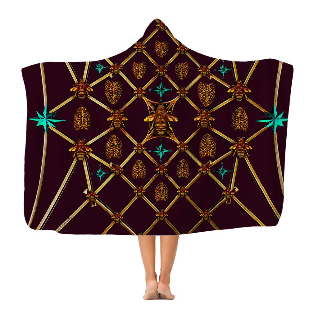 Gilded Bees & Ribs Teal Stars- Adult & Youth Hooded Fleece Blanket in Eggplant Wine | Le Leanian™