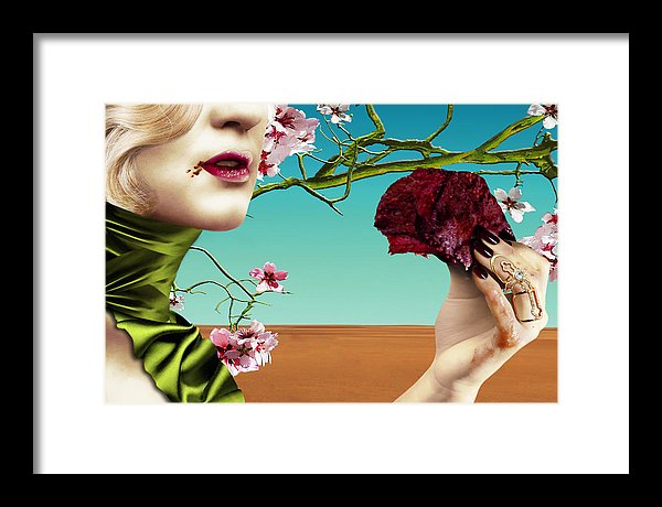Surreal Portrait of Woman Eating a Steak Under Almond Blossoms in the Desert.