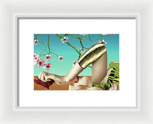 Surreal Portrait of a Woman Tasting a Steak under Almond Blossoms- Framed Print.