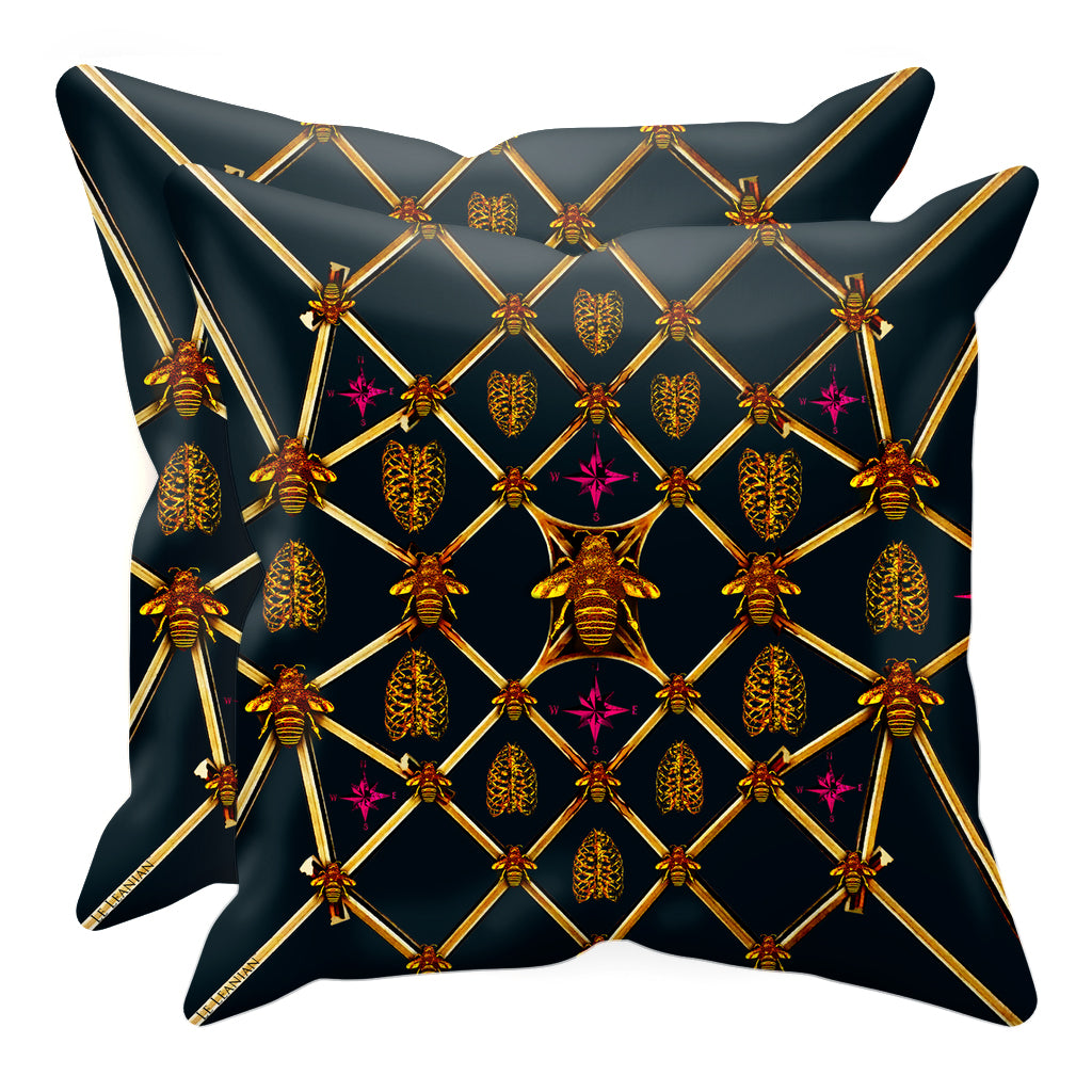 Bee Divergence Gilded Bees & Ribs Magenta Stars- Sets & Singles Pillowcase in Midnight Teal | Le Leanian™