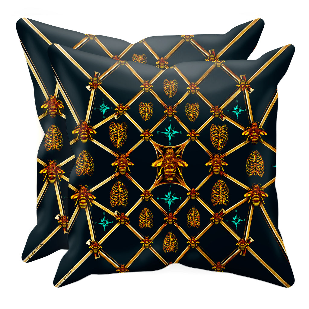 Bee Divergence Gilded Bees & Ribs Teal Stars- Sets & Singles Pillowcase in Back to Black | Le Leanian™
