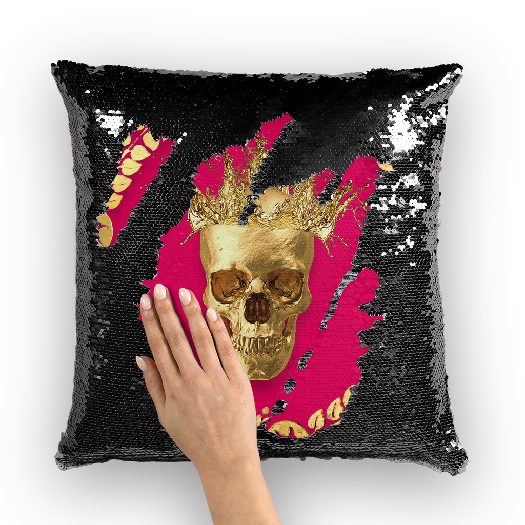 Caesar Gilded Skull- French Gothic Sequin Pillowcase or Throw Pillow in Bold Fuchsia | Le Leanian™