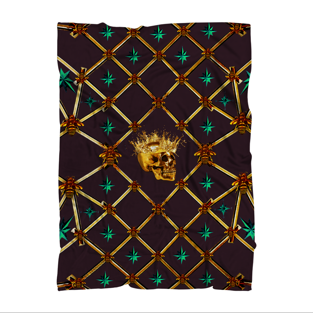 Skull Gilded Honeycomb & Jade Stars- Classic French Gothic Fleece Blanket in Muted Eggplant Wine | Le Leanian™