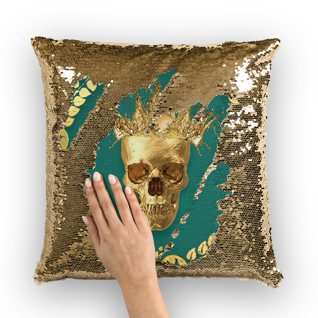 Gold Sequin Pillow Case-Gold Skull-Gold WREATH in color JADE TEAL, GREEN BLUE