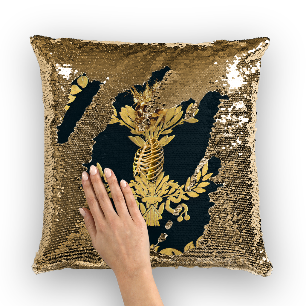 Gold Sequin Pillow Case-Throw Pillow-Gold WREATH, GOLD SKULL-Color Navy BLUE