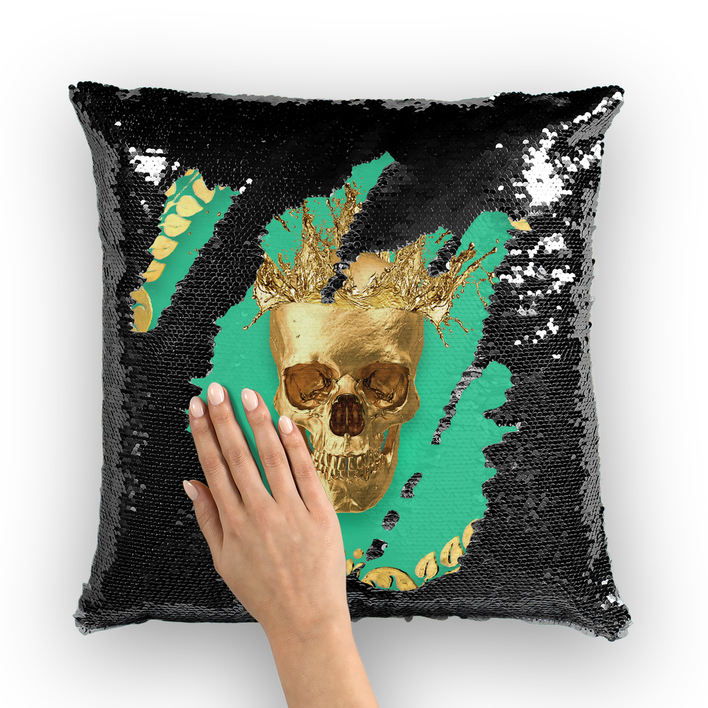 Caesar Gilded Skull- French Gothic Sequin Pillowcase or Throw Pillow in Bold Jade Teal | Le Leanian™