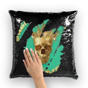 Caesar Gilded Skull- French Gothic Sequin Pillowcase or Throw Pillow in Bold Jade Teal | Le Leanian™