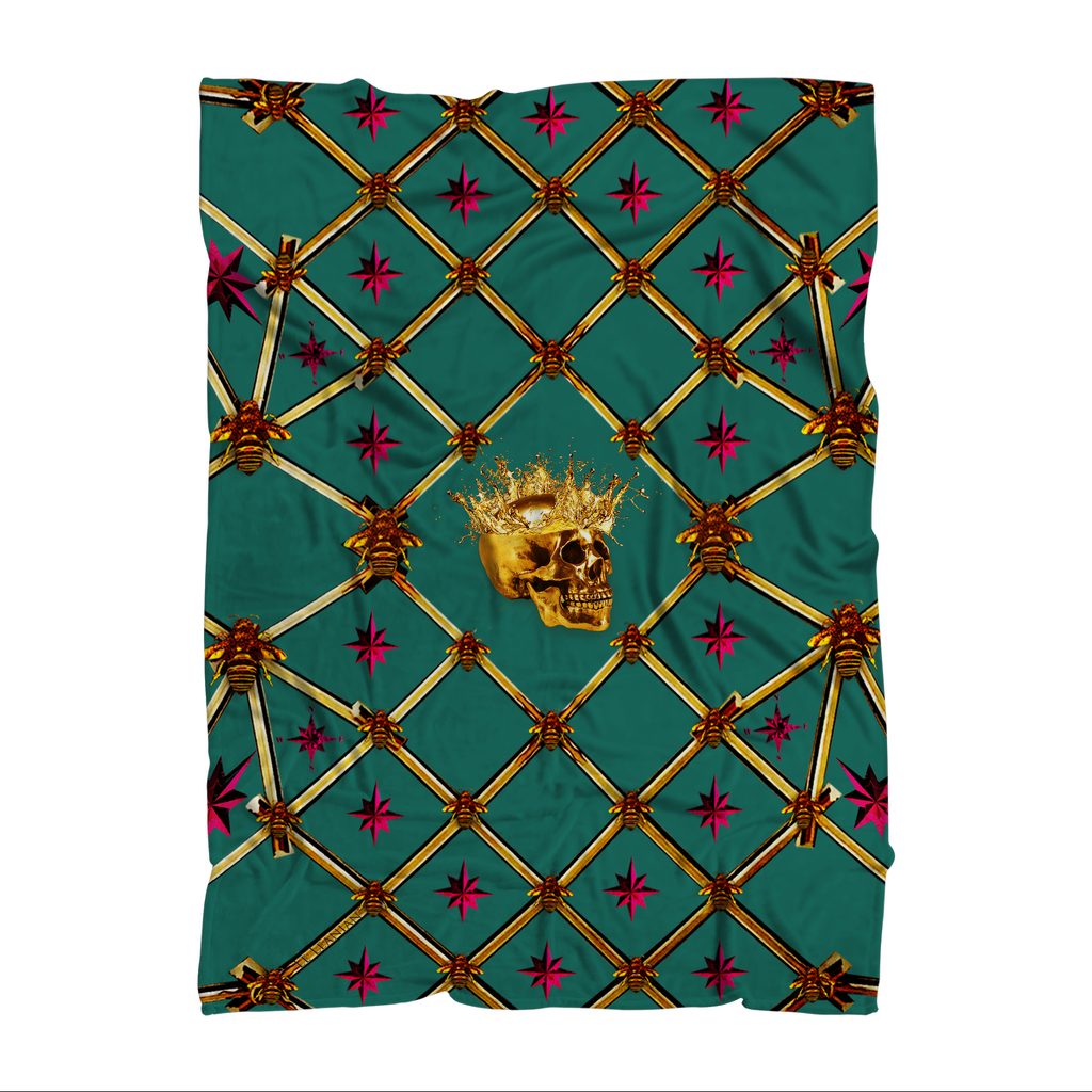 Skull Gilded Honeycomb & Magenta Stars- Classic French Gothic Fleece Blanket in Jade | Le Leanian™