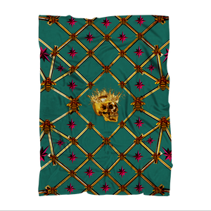 Skull Gilded Honeycomb & Magenta Stars- Classic French Gothic Fleece Blanket in Jade | Le Leanian™