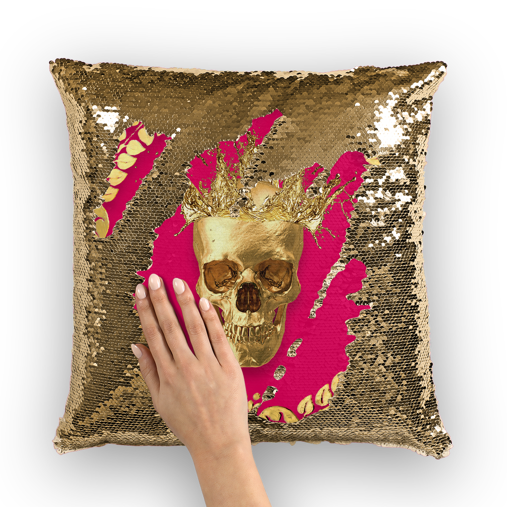 Gold Sequin Pillow Case-Gold Skull-Gold WREATH in color BRIGHT PINK, FUCHSIA, PINK
