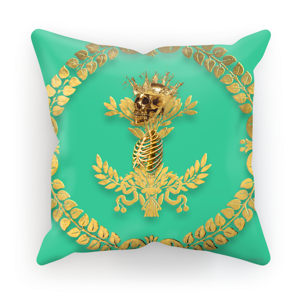 Caesar Skull Relief- French Gothic Satin & Suede Pillowcase in Bold Jade Teal | Le Leanian™