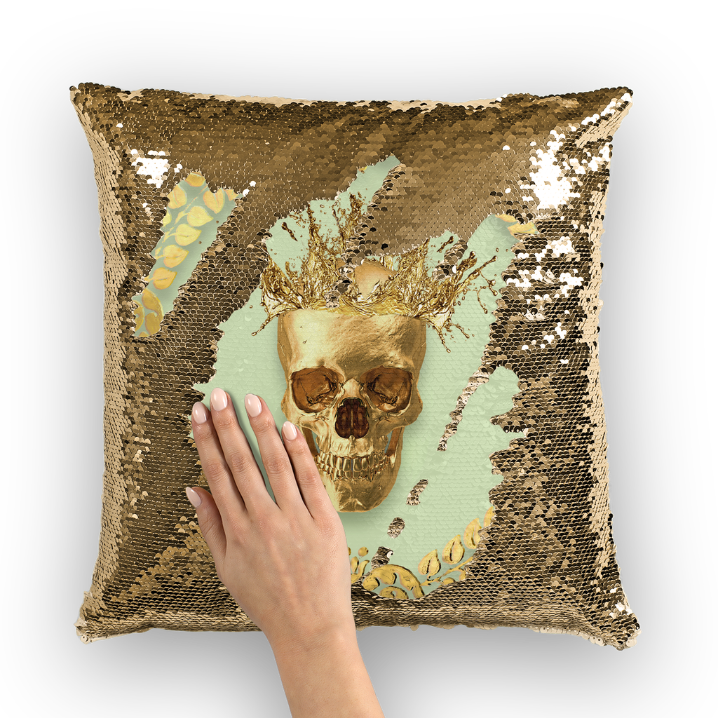 Caesar Gilded Skull- French Gothic Sequin Pillowcase or Throw Pillow in Pale Green | Le Leanian™