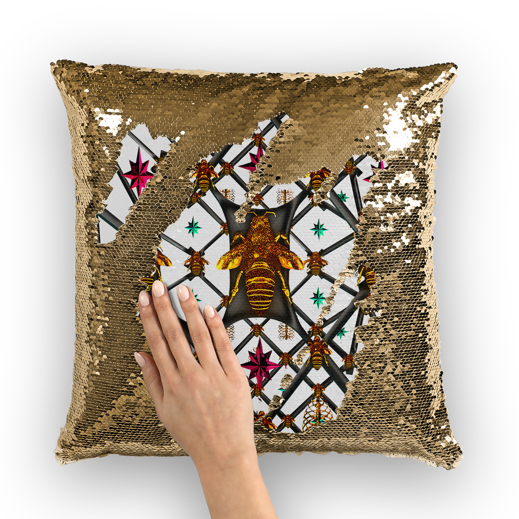 BLACK & GOLD SEQUIN PILLOW CASE-THROW PILLOW-Multi Color Honey BEE, RIBS, STARS PATTERN-Color PASTEL WHITE LIGHT GRAY