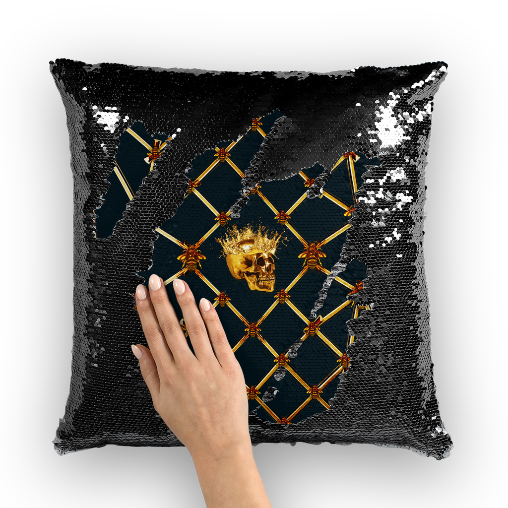 Golden Skull and Magenta Star- French Gothic Sequin Pillowcase or Throw Pillow in Midnight Teal | Le Leanian™
