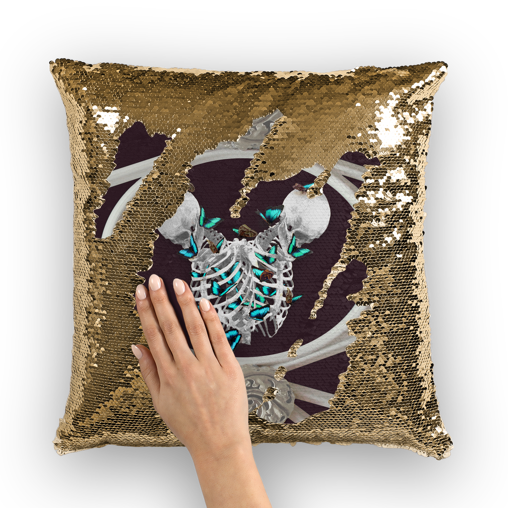 Versailles Siamese Skeletons Gold Sequin Pillowcase with Teal Butterfly Rib Cage- in Eggplant Wine Purple