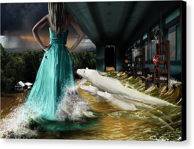 Surreal Portrait of a Woman Overlooking a Louisiana Bayou Surrounded by Albino Alligators.