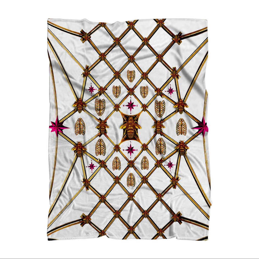 Bees, Ribs, Pink Stars Pattern- Polar Fleece Classic Blanket in WHITE