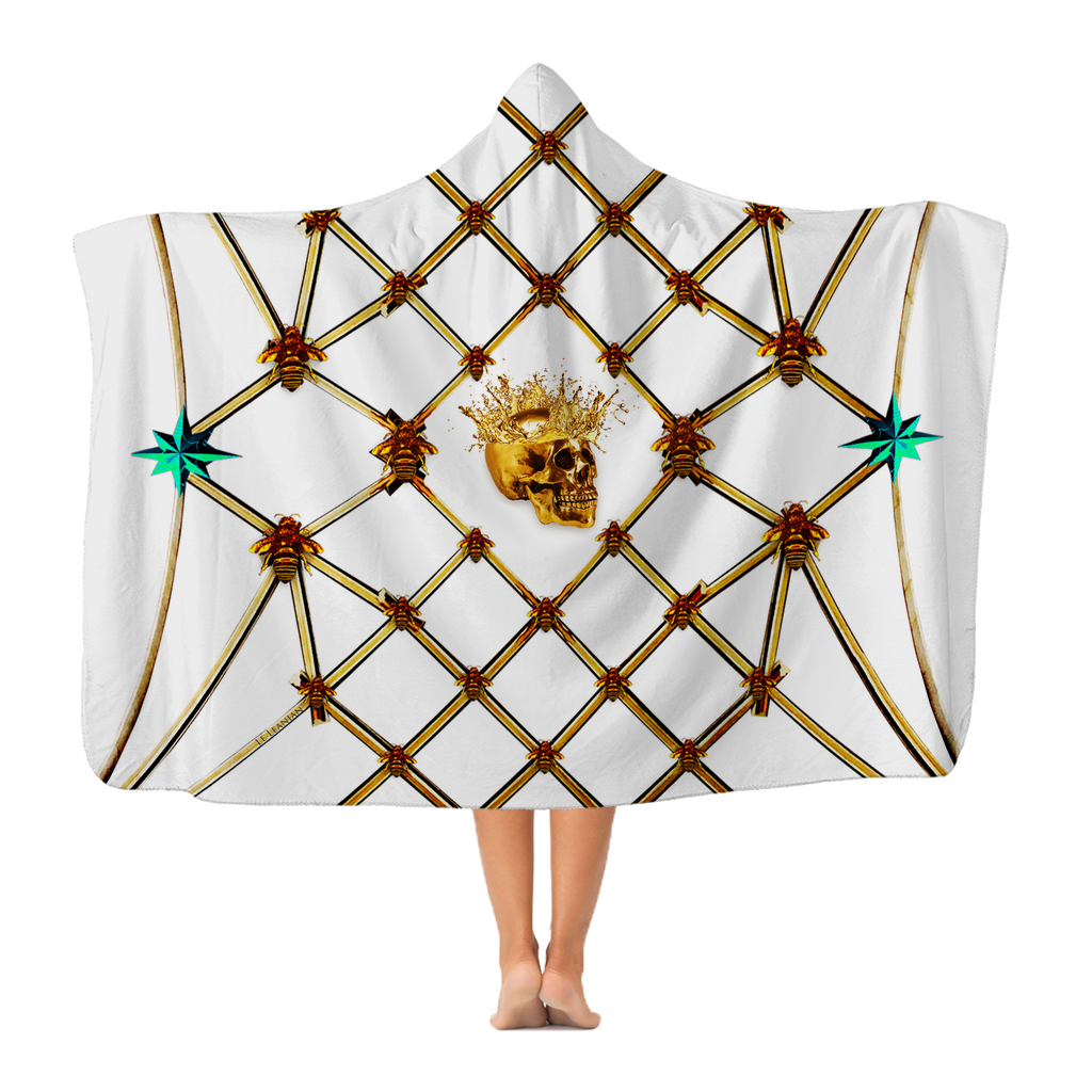 Skull Gilded Honeycomb & Teal Star- Adult & Youth Hooded Fleece Blanket in White | Le Leanian™