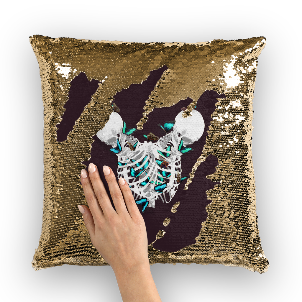 Siamese Skeletons with Teal Butterflies coming out The Rib cage-Gold Sequin Pillowcase-Muted Eggplant Purple