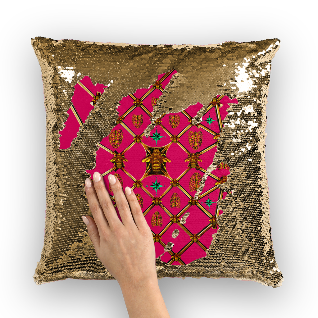 Sequin Gold & BLACK PILLOW CASE-Throw PILLOW-BEES, RIBS & STARS Pattern-Color FUCHSIA PINK