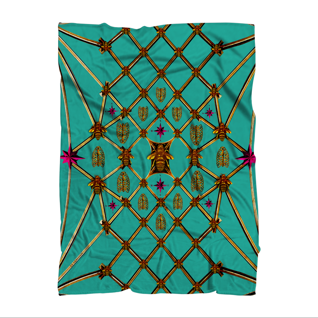 Gilded Bees & Ribs- Classic French Gothic Fleece Blanket in Jade Teal ﻿| Le Leanian™