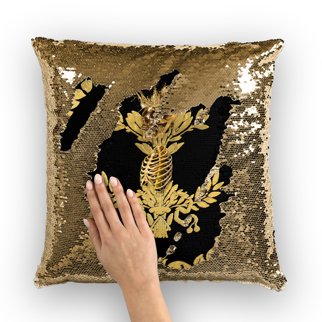 Gold Sequin Pillow Case-Throw Pillow-Gold WREATH, GOLD SKULL-Color BLACK