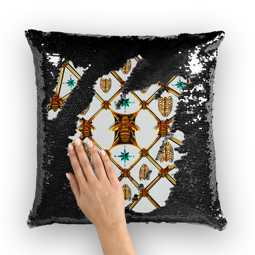 Bee Divergence Gilded Bees & Ribs Teal Stars- French Gothic Sequin Pillowcase or Throw Pillow in Lightest Gray | Le Leanian™