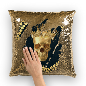 Gold Sequin Pillow Case-Throw Pillow-Gold Skull-Gold Wreath Pattern in Color BLACK
