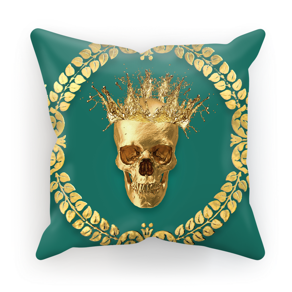 Caesar Gilded Skull- French Gothic Satin & Suede Pillowcase in Jade | Le Leanian™