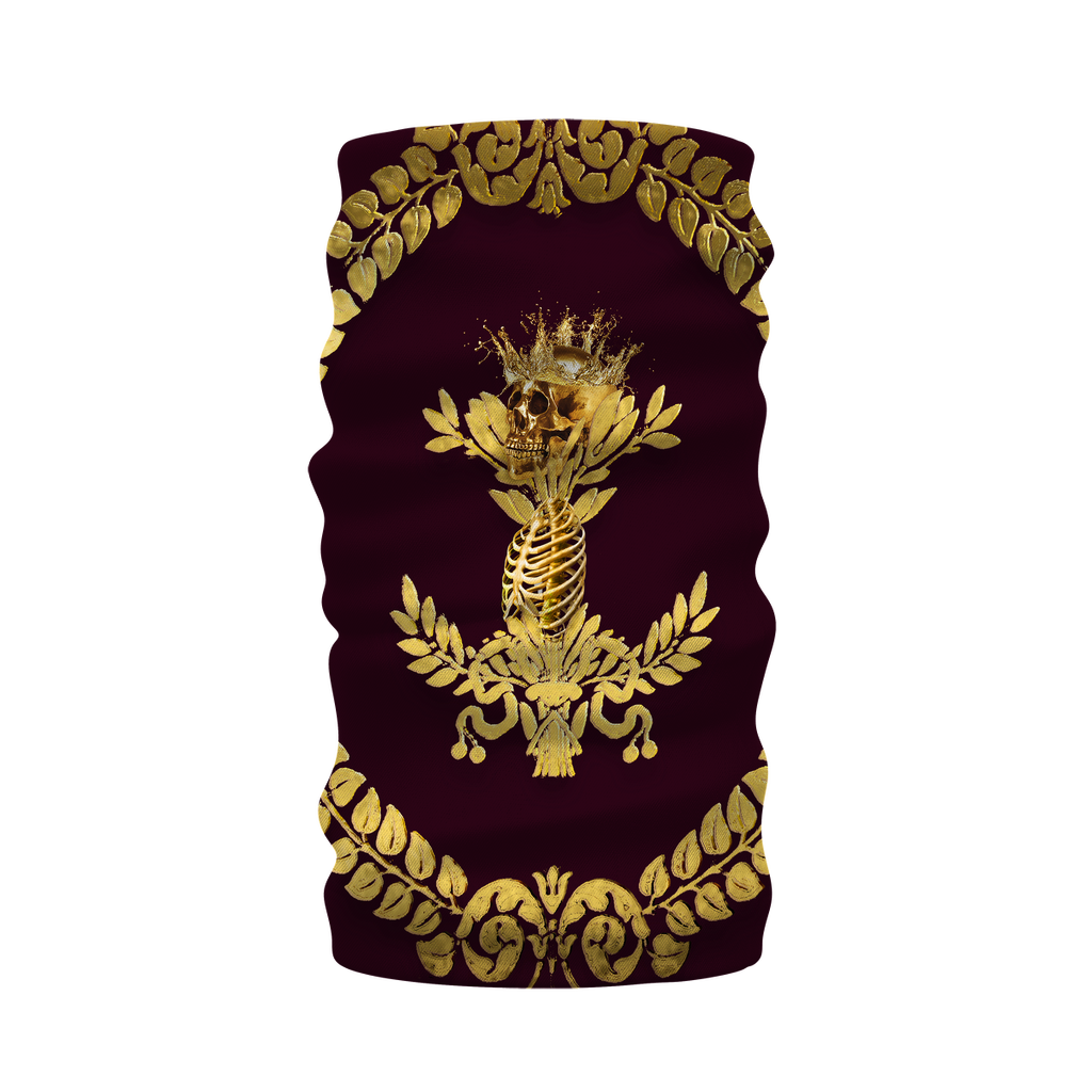 Morf Scarf-Neck Warmer-GOLD WREATH-GOLD SKULL- in Color EGGPLANT WINE, WINE RED, PURPLE