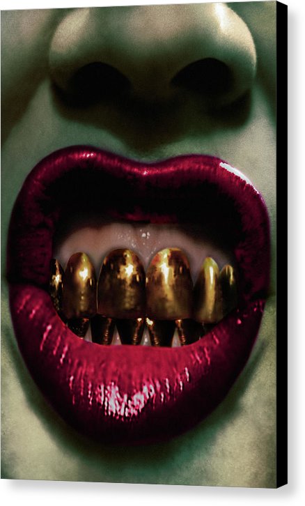 Surreal- Close Up of Crimson Red Lips with Solid Gold Teeth in an Energetic Expression- Canvas
