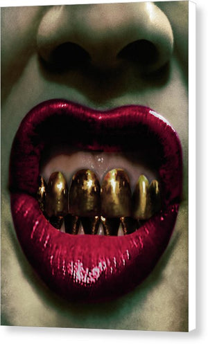 Surreal- Close Up of Crimson Red Lips with Solid Gold Teeth in an Energetic Expression.