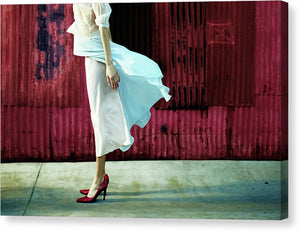 Profile of  a Headless Woman in Crimson Red Shoes, against a Crimson Red Metal Wall-Canvas Fine Art Print.