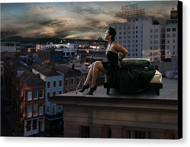 Louisiana Musician atop a roof overlooking the French Quarter-on Canvas